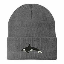 Trendy Apparel Shop Orca Killer Whale Embroidered Winter Long Cuff Beanie - Grey - £11.78 GBP