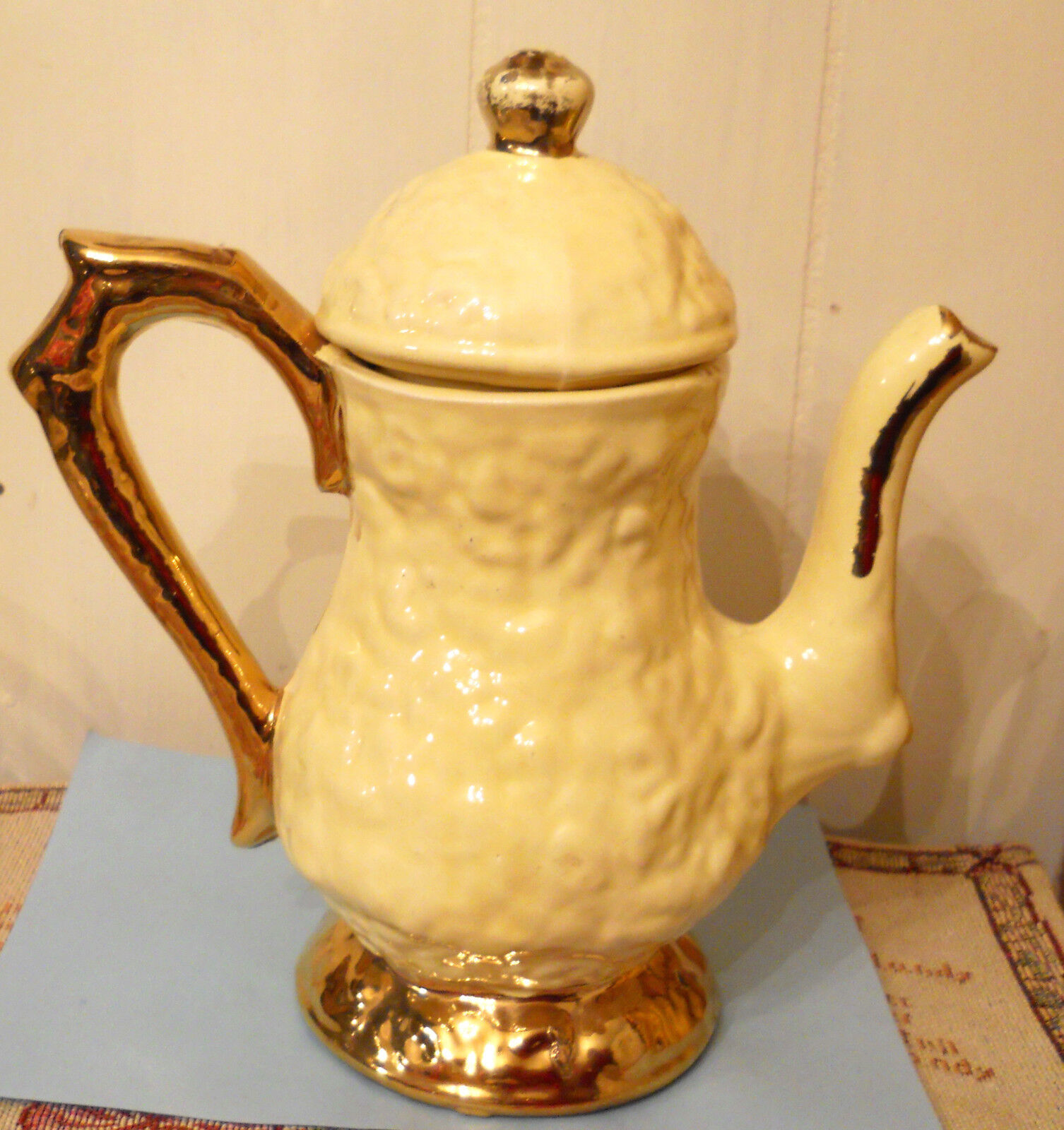 Cameron Pottery Teapot VTG Yellow Ceramic Weeping Gold Paint Farm Cottag... - $15.81