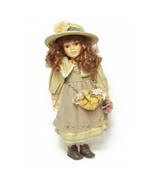 Porcelain Collectible Doll Beige Dress Red Hair With Hat 17&quot; Vintage - £18.28 GBP