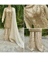 Pakistani Off White  jewel work Organza 3pcs Sharara Dress,M - $153.45