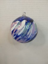 Artisan Hand Blown Art Glass Ornament Cobalt Blue Pink White Swirl Orb 10&quot; Dia - £14.68 GBP