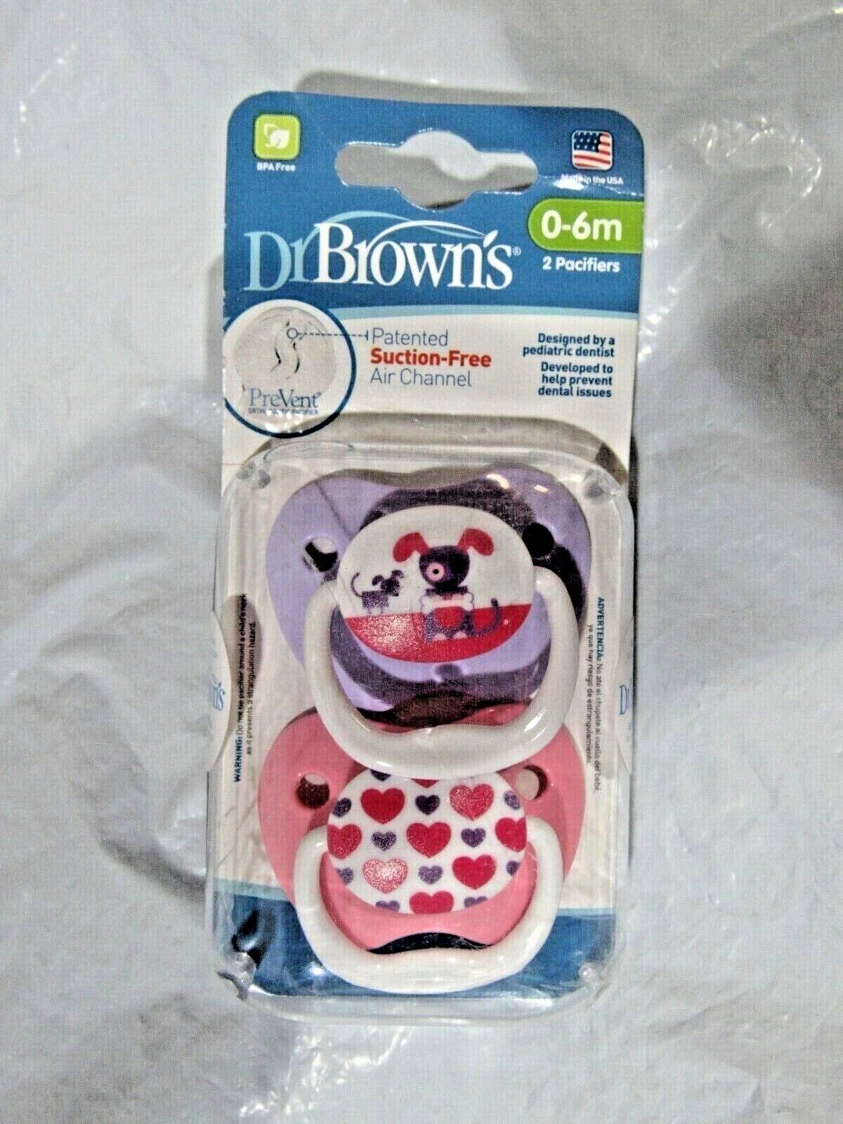Dr Browns PreVent Orthodontic Pink Pacifier 2 pk 0-6m Dogs and Red Purple Hearts - $9.99