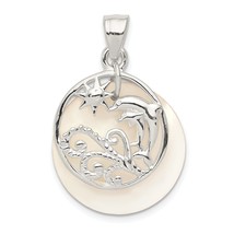 Sterling Silver Polished Dolphin &amp; Waves Mother Of Pearl Charm 30mm x 20mm - £25.56 GBP