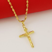 Real 24K Gold Color Cross Pendant &amp; Necklace For Men/Women Gold Chain Religious  - £14.25 GBP