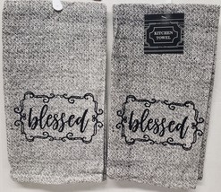 2 SAME THIN COTTON TEA KITCHEN TOWELS (15&quot;x25&quot;) BLESSED ON GREY &amp; BLACK,HC - $9.89