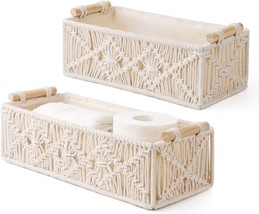 Set Of 2 Ivory Mkono Macrame Storage Baskets Boho Decor Box Handmade Woven - $40.94