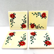Vintage Christmas Poinsettia Ceramic Coasters Cork Backed 3.75&quot; Set of 3 - £9.86 GBP