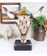 Rustic Western Faux Distressed Wood Bull Cow Skull With Floral Succulent... - $49.01 CAD