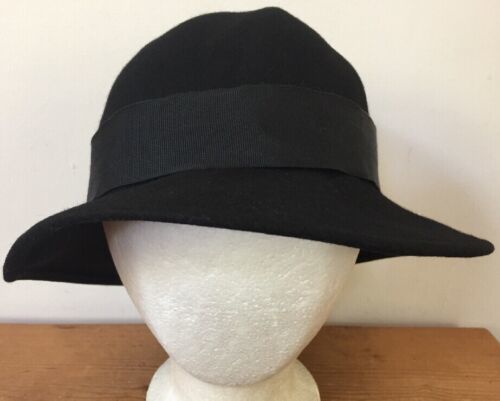 Primary image for Vtg Black Felted Soft Body Wide Rimmed Hipster Hat Ribbon One Size Fits Most 24"