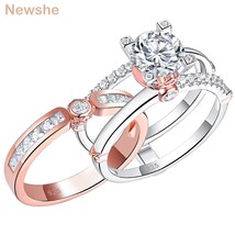925 Sterling Silver Engagement Ring Set Rose Gold Wedding Band For Women Round C - £58.36 GBP