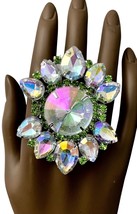 2.75&quot; Drop Aurora Borealis Light Green Crystal Oversized Statement Ring Stage - £19.74 GBP