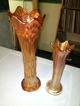 Amber Carnival Glass Vase Rib Swung Tree Trunk Iridescent Art Glass 2pc - £44.55 GBP