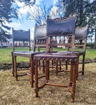 5 french antique mahogany chairs renaissance hunting style leather repou... - $2,500.00
