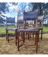 5 french antique mahogany chairs renaissance hunting style leather repoussé upho - $2,500.00