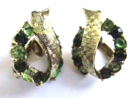 Coro Two-Tone Green Rhinestone and Gold Tone Flame Wave Clip on Earrings... - £18.39 GBP