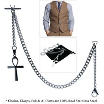STEEL Albert Chain Pocket Watch Chain Men Fob Chain T Bar Steel Cross Fob ACS08 - £18.84 GBP