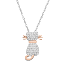 Sterling Silver &amp; 14K Rose Gold Genuine 1/5 CTW Diamond Cat Pendant 18&quot; Necklace - £104.69 GBP