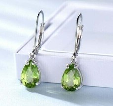 14K White Gold Plated Silver 2Ct Simulated Green Peridot Drop/Dangle Earrings - £79.37 GBP