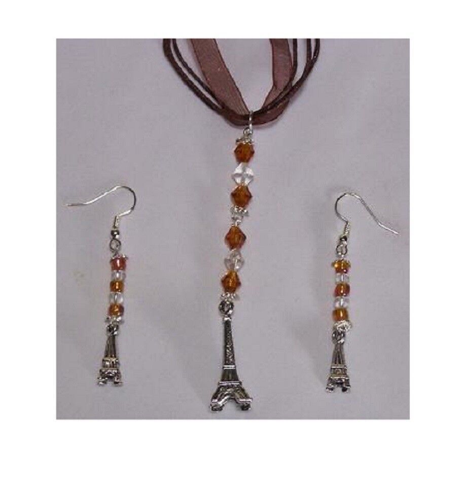 Primary image for Necklace Earrings 3D Eiffel Tower Charms Brown Clear Beads Brown Ribbon Sterling