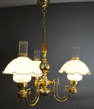French Art Deco Colonial 3-LIGHTS Chandelier – Gilt Brass &amp; White Opalin... - $321.75
