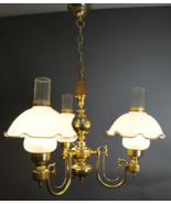French Art Deco Colonial 3-LIGHTS Chandelier – Gilt Brass &amp; White Opalin... - $321.75
