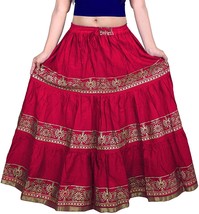 Ethnic Flared Gold Print Long Skirt Elastic with Knote Free Size Pink  1 Pcs - £24.52 GBP
