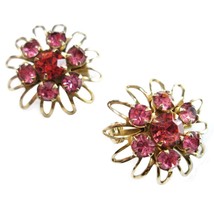 2 Pins Flower Pink Rhinestone Floral Burst Openwork Gold Tone 1&quot; Lapel Set - $110.27 MXN