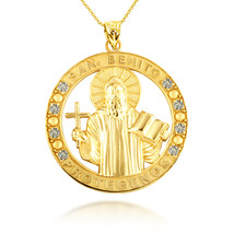 14K Solid Gold Saint Benedict CZ Medallion Pendant Necklace - £298.73 GBP+