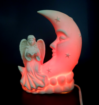 White Porcelain Winged Angel with Man In The Moon Night Light Nursery Table Lamp - $28.00