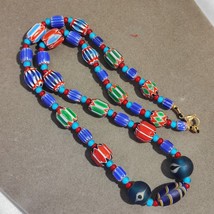 #95 Blue Chevron and White Heart Venetian Beads African Glass Beads Necklace - £38.05 GBP