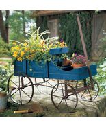 Wagon Garden Flower Planter Moving Wheels Outdoor Yard Art Amish Decor BLUE - €35,86 EUR