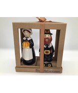BLUE SKY Thanksgiving Pilgrim Salt and Pepper Shaker Set Ceramic NIB - $461.74 MXN