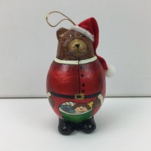 Vintage 1989 Santa Claus Brown Bear Christmas Ornament Red Hat Hand Painted - £27.96 GBP