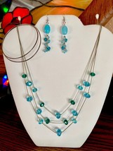Blue Crystal, Silvertone Illusion Necklace, Bracelets and Earrings Set, ... - $16.00