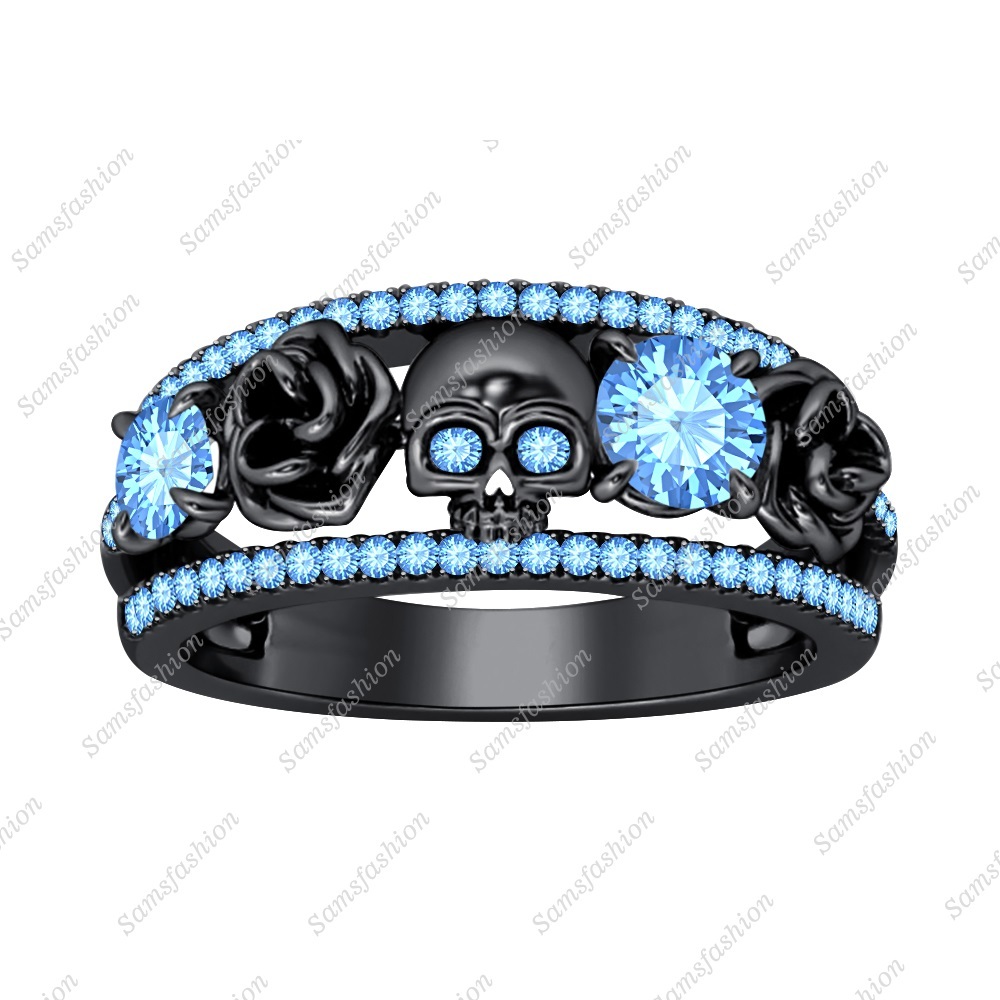 Rose Design Round Cut Blue Topaz Skull Ring 14k Black Gold Plated - $169.99