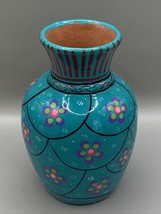 Mexican Art Pottery Vase Floral Hand Painted Red Clay Turquoise Blue/Pin... - £5.89 GBP