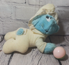 Vintage Applause Plush 1983 Baby Smurf Crawling w/ Pink Blue Rattle Stuffed Toy - $8.90