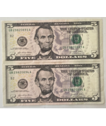 Lot of 2 Uncirculated Series 2021 $5 Bills With Consecutive Serial Numbers. - $19.33