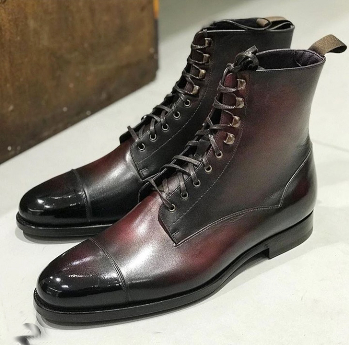 New Men's Handmade Leather Cap Toe Lace Up Ankle High, Men's Burgundy Black Boot