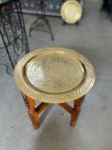 Handmade Moroccan Round Brass Tray Tea Table with folding Wood Stand Thu... - $63.70