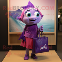 Purple Tuna mascot costume character dressed with a Pencil Skirt and Tote bags - $1,299.00