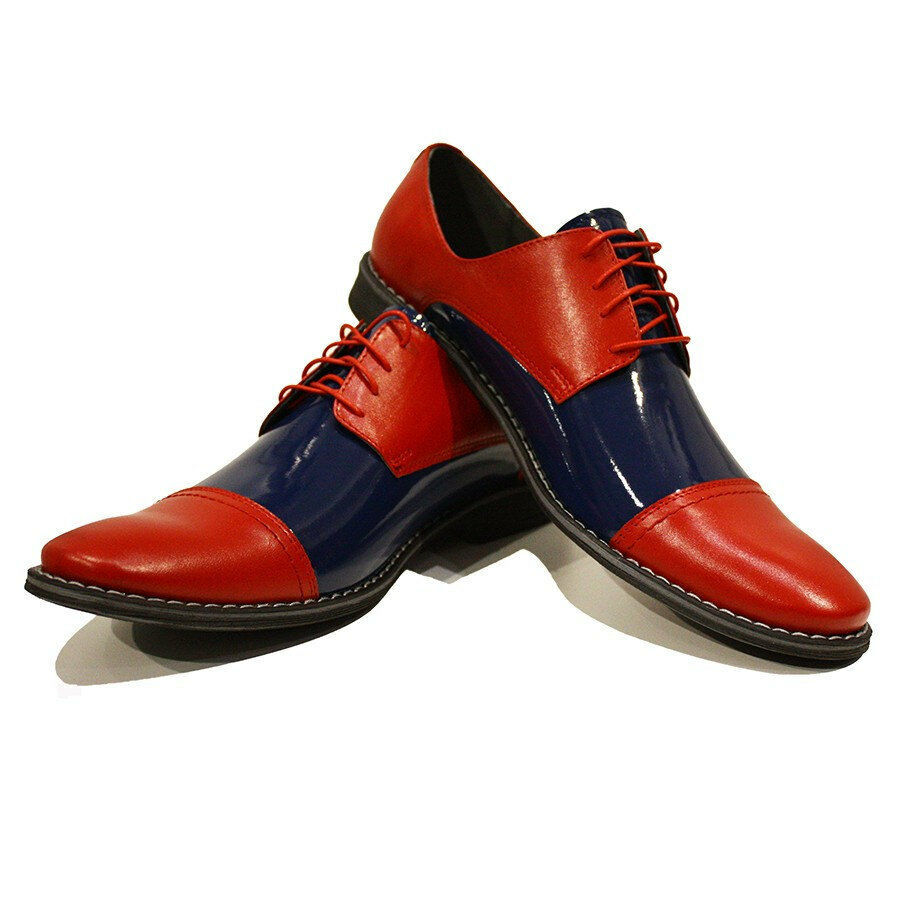 Men Two Tone Red Blue Derby Rounded Cap Toe Handmade Real Leather Shoes US 7-16