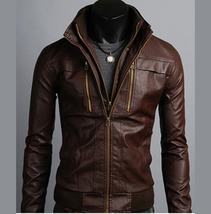 Men&#39;s Leather Jackets Korean Style Casual Slim Fit Biker Leather Jacket - £133.12 GBP