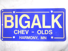 Bigalk Chev - Olds Harmony, Mn Blue Thin Plastic Dealer License Plate - £11.06 GBP