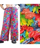 VTG Floral Baggy Wide Leg Pant Elastic Waist Floral Watercolor Rayon OSFM - $48.28