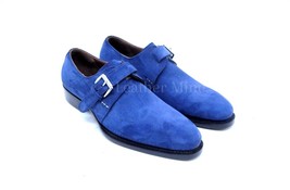  Men&#39;s Handmade Blue Suede Leather Monk Strap Dress Shoes - £128.70 GBP