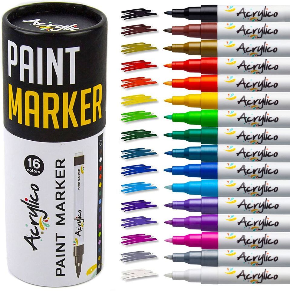 RockArt Pro - 16 Acrylic Paint Pens Set | Extra Fine Tip for Wood, Canvas, Plast