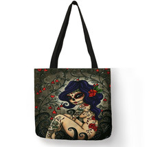 Creative Design Tote Bags Women Flowered Tatoo Girl with Handbag Eco Linen Casua - £13.96 GBP