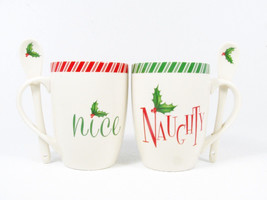  Set 2 Lenox Holiday Christmas White Candy Cane Mug Cup with Spoon Naugh... - £17.06 GBP