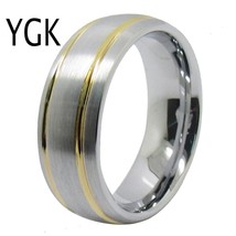 Wedding Jewelry Lover&#39;s Ring Matte Silver Dome Golden Grooves Tungsten Ring Brid - £29.16 GBP